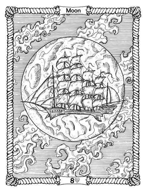 istock Moon card from the oracle Old Marine Lenormand deck with ship at night sky. Nautical vintage background, coloring book page, t-shirt and tattoo vector graphic, pirate adventures concept. 1368357574