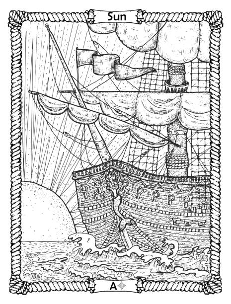 istock Sun card from the oracle Old Marine Lenormand deck with ship and dawn.  Nautical vintage background, coloring book page, t-shirt and tattoo vector graphic, pirate adventures concept. 1368357739