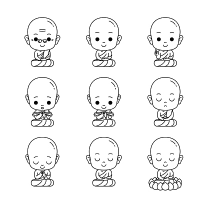 Cute monk cartoon outline vector illustration in sitting,meditation,learning, etc.
