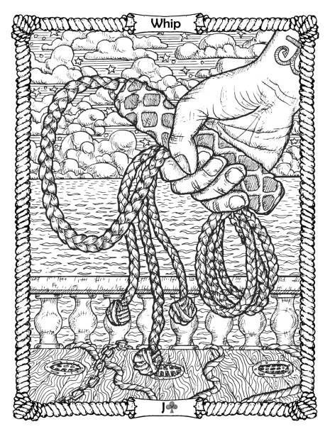 Whip card from the oracle Old Marine Lenormand deck with the sailor's hand. Nautical vintage background, coloring book page, t-shirt and tattoo vector graphic, pirate adventures concept.