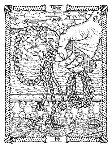 Whip card from the oracle Old Marine Lenormand deck with the sailor's hand. Nautical vintage background, coloring book page, t-shirt and tattoo vector graphic, pirate adventures concept.