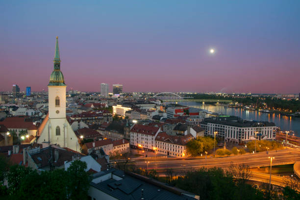 Bratislava, Slovakia aerial view from castle hill at twilight.