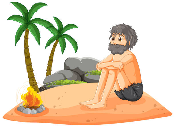 A man on deserted island isolated A man on deserted island isolated illustration castaway stock illustrations