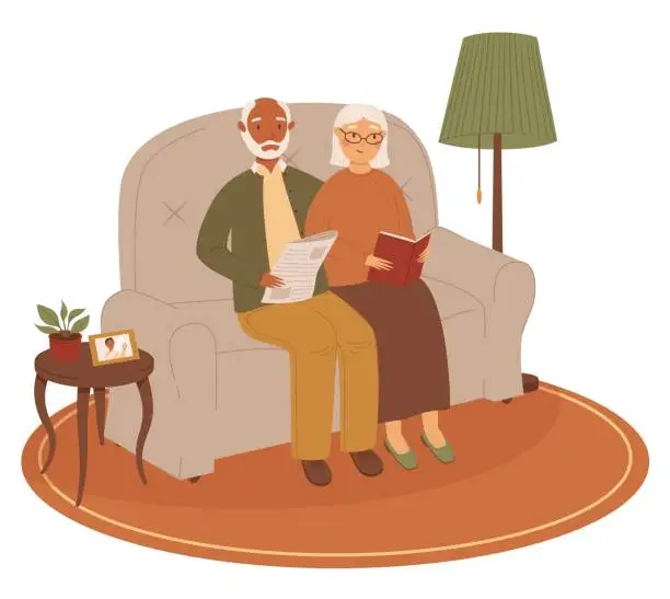 Vector illustration of Happy modern multinational senior couple of black-skinned man and white-skinned woman reading on the sofa. Cozy home.Flat vector illustration