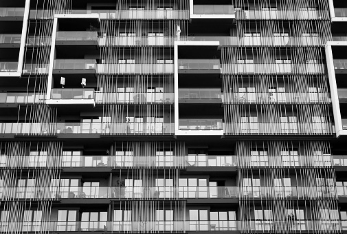 Abstract black and white photograph of a modern apartment house in Düsseldorf, Germany.
