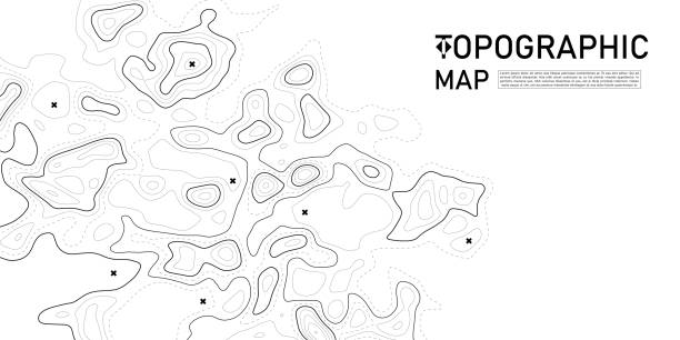 지형맵 배경. 고도 할당이 있는 지리적 줄 맵입니다. 윤곽 배경 지리적 그리드. - topographic map compass map chart stock illustrations