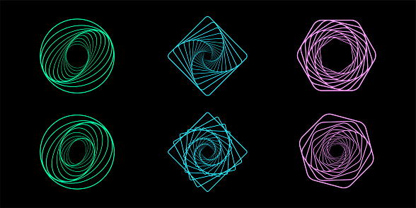 Set of twisted futuristic spirals. Abstract wireframe linear tunnels.