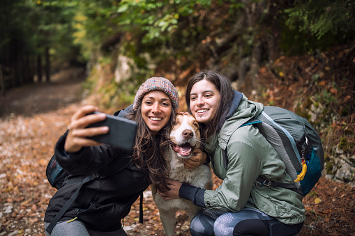 Female Friends Taking A Selfie In A Beautiful Autumn Forest With A Cute Dog