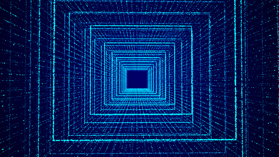 Abstract dynamic wireframe tunnel on blue background. Futuristic 3D portal. Futuristic particle flow.