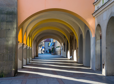 Gallery on renaissance street in old town in Tarnow, Poland at sunny day
