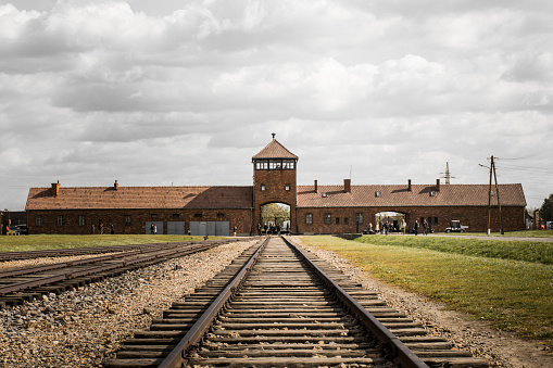 Entrance and train tracks to Auschwitz-Birkenau extermination camp.
