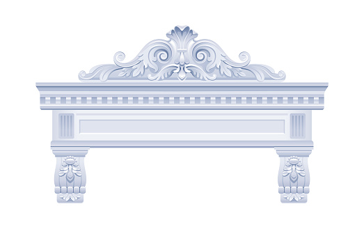 Vector arch. Antique vintage frame. Classic white baroque portal. Antique greek roman wall architecture. Stone palace design element. Ancient building interior style with scroll. Old pillar arch frame