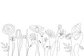 Silhouettes of wild flowers from simple lines on a white background.
