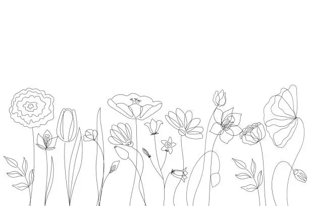 Vector illustration of Silhouettes of wild flowers from simple lines on a white background.