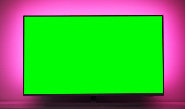 close up of big green screen led tv in a cozy living room. - full screen imagens e fotografias de stock