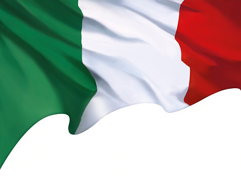 National Italian flag with green red and white stripes waving on isolated background