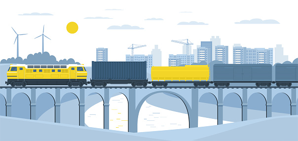 Freight train rides over the bridge against the backdrop of the forest, river and city on the horizon. 
Vector illustration.