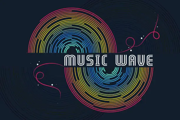 Vector illustration of Radial sound wave curve with light particles. Colorful equalizer visualization.