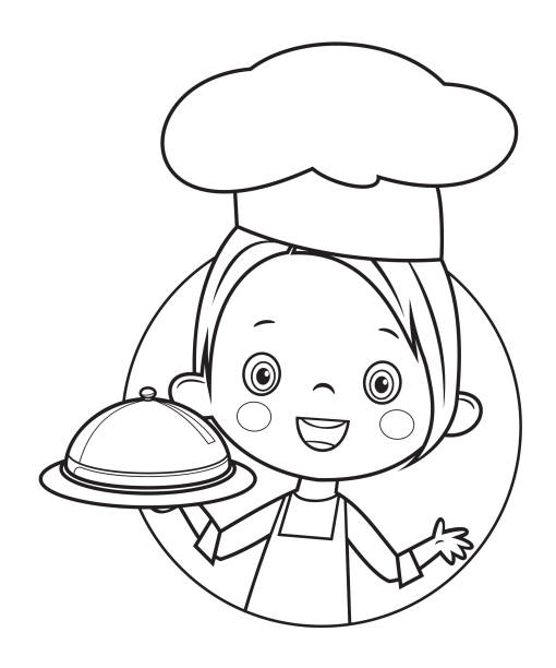 Black And White, Cute kid chef cook in kitchen Vector Black And White, Cute kid chef cook in kitchen kids coloring pages stock illustrations