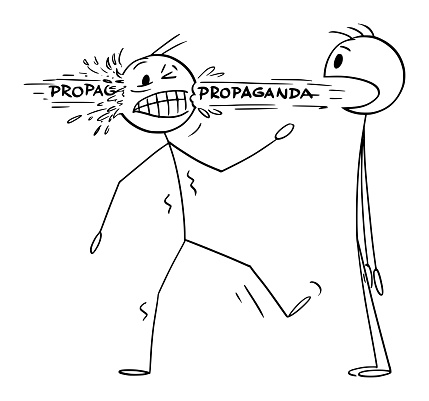 Propaganda from talking person going through head, vector cartoon stick figure or character illustration.