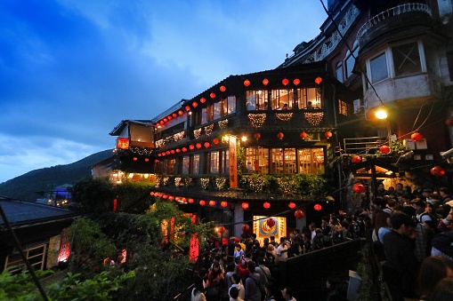 People visit heritage Old Town of Jiufen located in Ruifang District of New Taipei City. Jiufen is also known as Jioufen or Chiufen.