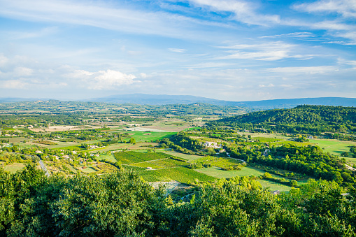 Panoramic landscape view of the surroundings of Gordes in the Luberon valley in Vaucluse, France