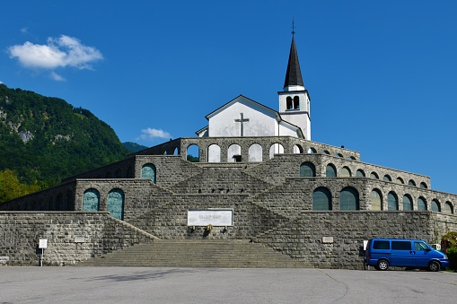 Italian Charnel House near Kobarid in Littoral region of Slovenia with a sign in front saying in Italian \