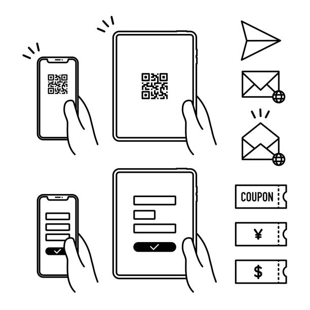 icon set of holding smart phone and tablet with QR code and form, mail and coupon for user registration, participaiting promotion, and entry icon set of holding smart phone and tablet with QR code and form, mail and coupon for user registration, participaiting promotion, and entry input device stock illustrations