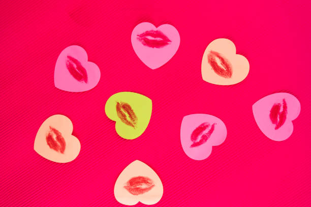 Lipstick, heart and lips on pink background, 3D rendering illustration