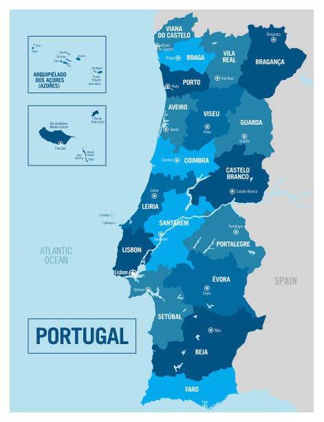 illustrazioni stock, clip art, cartoni animati e icone di tendenza di mappa politica del paese del portogallo. illustrazione vettoriale dettagliata con stati, regioni, isole e città isolati facili da separare. - portogallo