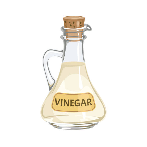 stockillustraties, clipart, cartoons en iconen met white vinegar in glass bottle isolated on white background. vector cartoon flat illustration. - vinegar