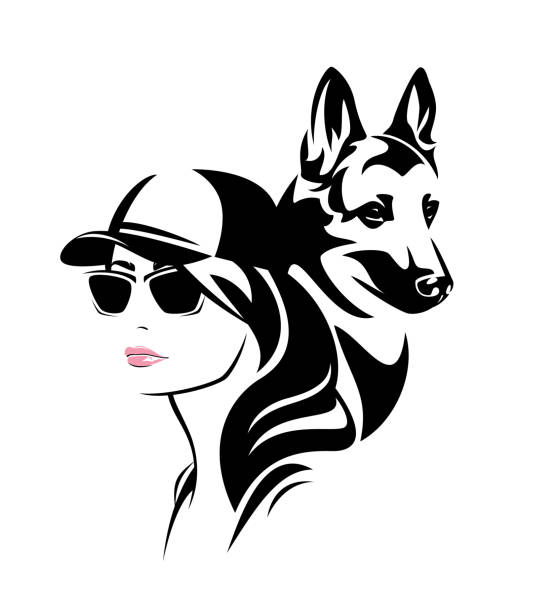 illustrations, cliparts, dessins animés et icônes de portrait vectoriel d’une dresseuse de chiens portant des lunettes de soleil et une casquette de baseball avec son chien de berger - éleveur