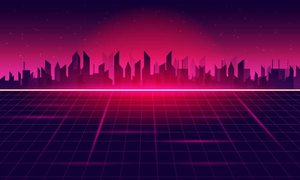 istock City of Retro Sci-Fi Background Futuristic Grid landscape , 90's. 1368377572