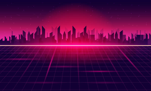 istock City of Retro Sci-Fi Background Futuristic Grid landscape , 90's. 1368377573