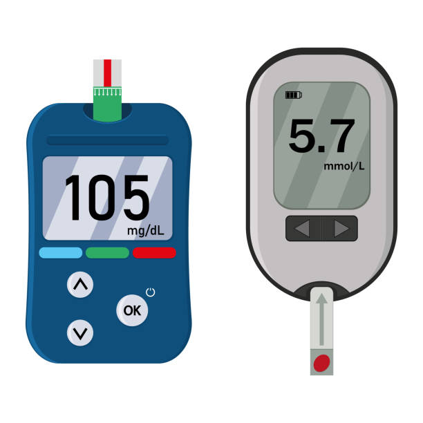 illustrazioni stock, clip art, cartoni animati e icone di tendenza di glucometro, un dispositivo per misurare la glicemia, illustrazione isolata vettoriale a colori - blood sugar test examining instrument of measurement diabetes