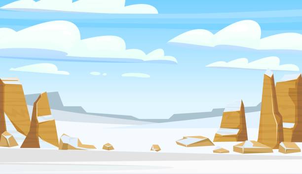 바위 절벽. 눈 덮인 사막. 수평 조성물입니다. 돌이 있는 사막의 자연 경관. 만화 스타일의 평면 디자인에 그림. 벡터 - cliff mountain winter snow stock illustrations