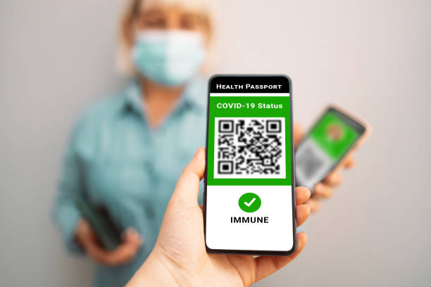 istock Covid-19 control. Coronavirus vaccinated people scan QR code visitor on entrance to public place. Woman demonstrating digital vaccination certificate on smartphone 1368379490
