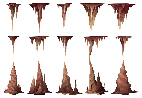 Stalactites and stalagmites collection vector flat illustration. Set of natural growths and mineral formations geology underground rock isolated. Nature brown limestone material stone landscape
