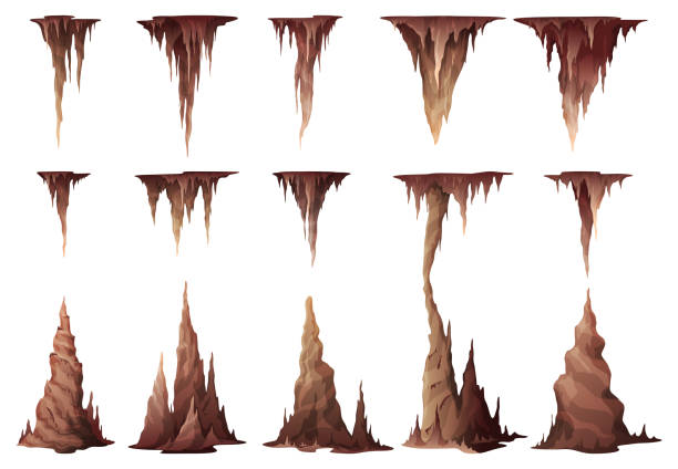 Stalactites and stalagmites collection vector illustration natural growths and mineral formations Stalactites and stalagmites collection vector flat illustration. Set of natural growths and mineral formations geology underground rock isolated. Nature brown limestone material stone landscape stalactite stock illustrations