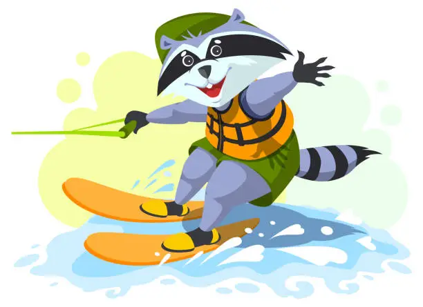 Vector illustration of Fun animal raccoon boy scout ride water skiing