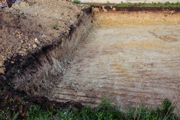 istock Planned construction pit with marking of the foundation 1368381659