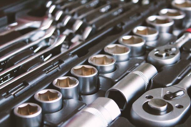 Universal tool set for car repair. Close-up. Background. stock photo