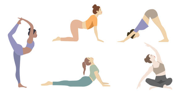 stockillustraties, clipart, cartoons en iconen met women silhouettes. collection of yoga poses in flat styles - girls gym