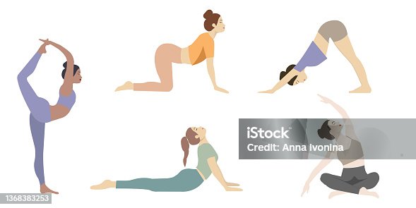 istock Women silhouettes. Collection of yoga poses in flat styles 1368383253