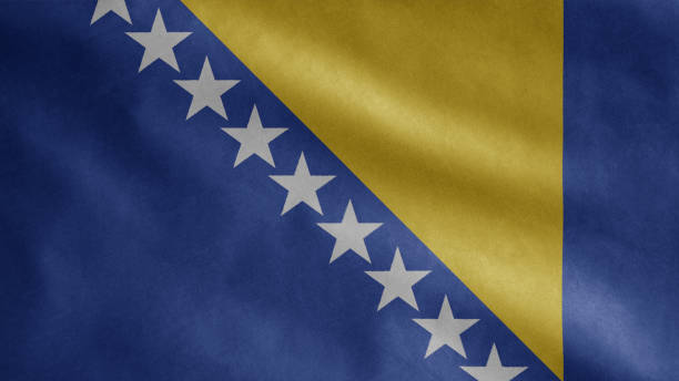 바람에 흔들리는 보스니아 국기. 보스니아 배너 불고, 부드러운 실크의 클로즈업. - bosnia herzegovinan flag 뉴스 사진 이미지