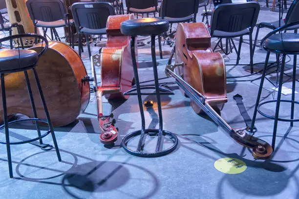 Photo of double bass in the orchestra pit before a concert