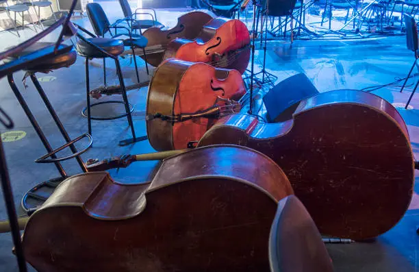 Photo of double bass in the orchestra pit before a concert