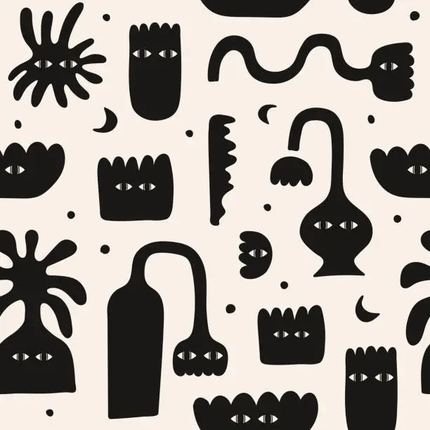 Vector illustration of Abstract seamless pattern with black various strange vases and flowers.