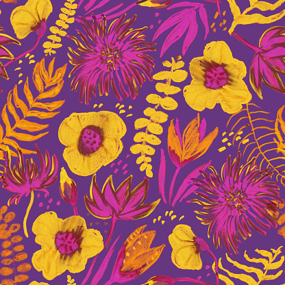 Seamless pattern in yellow, orange, magenta and violet, background hand-drawn by pastels illustration with tropical plants