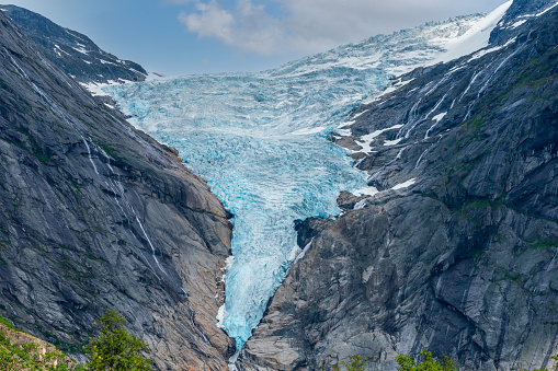 LOEN, NORWAY - 2020 JUNE 20. Closeup view on Briksdalsbreen Glacier in Norway.